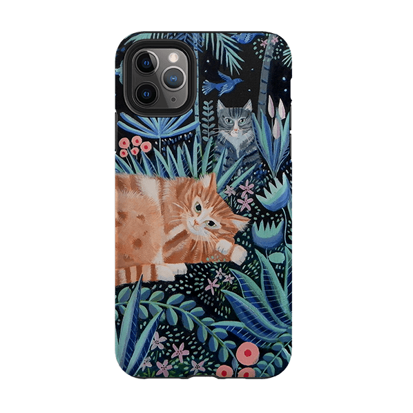 iPhone phone case-Night Cats By Mary Stubberfield-Product Details Raised bevel to protect screen from scratches. Impact resistant polycarbonate shell and shock absorbing inner TPU liner. Secure fit with design wrapping around side of the case and full access to ports. Compatible with Qi-standard wireless charging. Thickness 1/8 inch (3mm), weight 30g. Compatibility See drop down menu for options, please select the right case as we print to order.-Stringberry