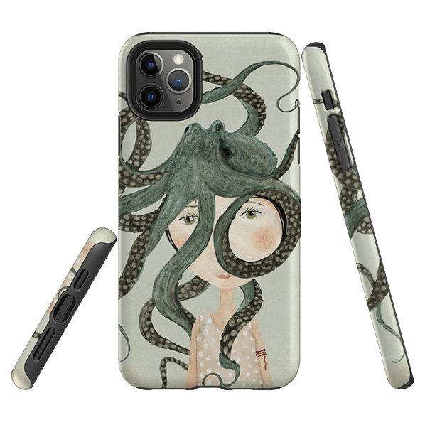 iPhone phone case-Octopus Girl By Katherine Quinn-Product Details Raised bevel to protect screen from scratches. Impact resistant polycarbonate shell and shock absorbing inner TPU liner. Secure fit with design wrapping around side of the case and full access to ports. Compatible with Qi-standard wireless charging. Thickness 1/8 inch (3mm), weight 30g. Compatibility See drop down menu for options, please select the right case as we print to order.-Stringberry