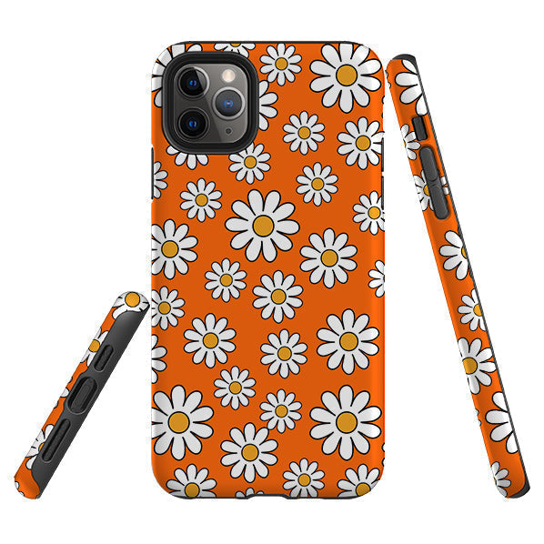 iPhone phone case-Orange Daises-Product Details Raised bevel to protect screen from scratches. Impact resistant polycarbonate shell and shock absorbing inner TPU liner. Secure fit with design wrapping around side of the case and full access to ports. Compatible with Qi-standard wireless charging. Thickness 1/8 inch (3mm), weight 30g. Compatibility See drop down menu for options, please select the right case as we print to order.-Stringberry