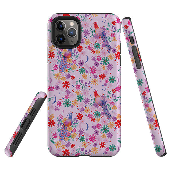 iPhone phone case-Peacock Pattern Lilac By Lee Foster Wilson-Product Details Raised bevel to protect screen from scratches. Impact resistant polycarbonate shell and shock absorbing inner TPU liner. Secure fit with design wrapping around side of the case and full access to ports. Compatible with Qi-standard wireless charging. Thickness 1/8 inch (3mm), weight 30g. Compatibility See drop down menu for options, please select the right case as we print to order.-Stringberry
