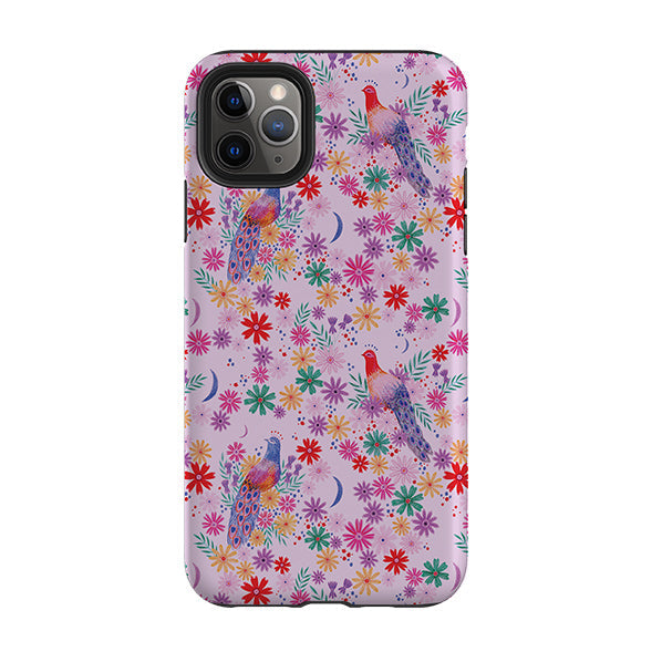iPhone phone case-Peacock Pattern Lilac By Lee Foster Wilson-Product Details Raised bevel to protect screen from scratches. Impact resistant polycarbonate shell and shock absorbing inner TPU liner. Secure fit with design wrapping around side of the case and full access to ports. Compatible with Qi-standard wireless charging. Thickness 1/8 inch (3mm), weight 30g. Compatibility See drop down menu for options, please select the right case as we print to order.-Stringberry