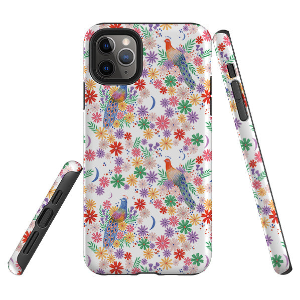 iPhone phone case-Peacock Pattern White By Lee Foster Wilson-Product Details Raised bevel to protect screen from scratches. Impact resistant polycarbonate shell and shock absorbing inner TPU liner. Secure fit with design wrapping around side of the case and full access to ports. Compatible with Qi-standard wireless charging. Thickness 1/8 inch (3mm), weight 30g. Compatibility See drop down menu for options, please select the right case as we print to order.-Stringberry