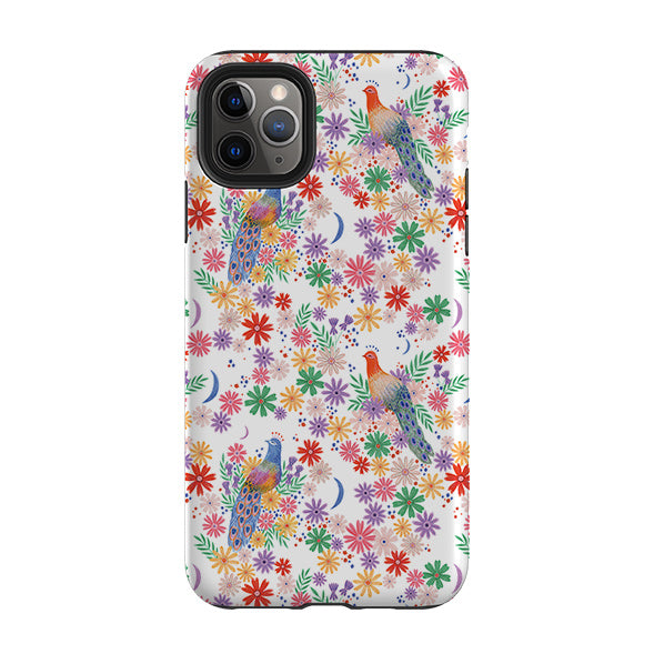 iPhone phone case-Peacock Pattern White By Lee Foster Wilson-Product Details Raised bevel to protect screen from scratches. Impact resistant polycarbonate shell and shock absorbing inner TPU liner. Secure fit with design wrapping around side of the case and full access to ports. Compatible with Qi-standard wireless charging. Thickness 1/8 inch (3mm), weight 30g. Compatibility See drop down menu for options, please select the right case as we print to order.-Stringberry