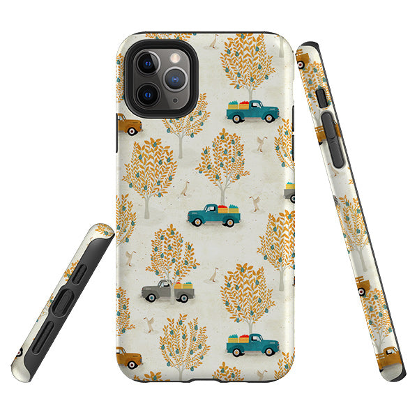 iPhone phone case-Pear Trees and Trucks By Katherine Quinn-Product Details Raised bevel to protect screen from scratches. Impact resistant polycarbonate shell and shock absorbing inner TPU liner. Secure fit with design wrapping around side of the case and full access to ports. Compatible with Qi-standard wireless charging. Thickness 1/8 inch (3mm), weight 30g. Compatibility See drop down menu for options, please select the right case as we print to order.-Stringberry