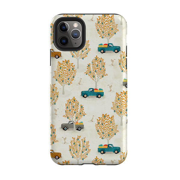iPhone phone case-Pear Trees and Trucks By Katherine Quinn-Product Details Raised bevel to protect screen from scratches. Impact resistant polycarbonate shell and shock absorbing inner TPU liner. Secure fit with design wrapping around side of the case and full access to ports. Compatible with Qi-standard wireless charging. Thickness 1/8 inch (3mm), weight 30g. Compatibility See drop down menu for options, please select the right case as we print to order.-Stringberry