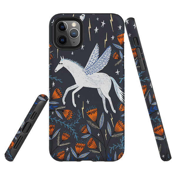iPhone phone case-Pegasus By Lee Foster Wilson-Product Details Raised bevel to protect screen from scratches. Impact resistant polycarbonate shell and shock absorbing inner TPU liner. Secure fit with design wrapping around side of the case and full access to ports. Compatible with Qi-standard wireless charging. Thickness 1/8 inch (3mm), weight 30g. Compatibility See drop down menu for options, please select the right case as we print to order.-Stringberry