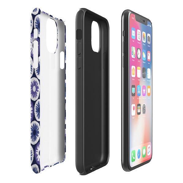 iPhone phone case-Penny Flowers Blue By Ali Brookes-Product Details Raised bevel to protect screen from scratches. Impact resistant polycarbonate shell and shock absorbing inner TPU liner. Secure fit with design wrapping around side of the case and full access to ports. Compatible with Qi-standard wireless charging. Thickness 1/8 inch (3mm), weight 30g. Compatibility See drop down menu for options, please select the right case as we print to order.-Stringberry
