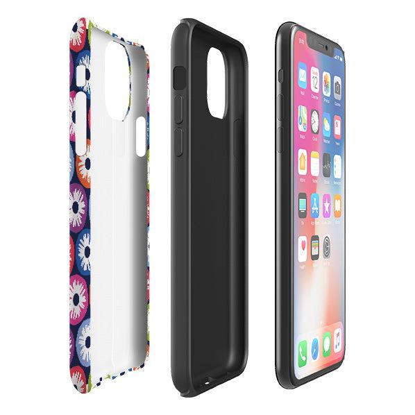 iPhone phone case-Penny Flowers Dark By Ali Brookes-Product Details Raised bevel to protect screen from scratches. Impact resistant polycarbonate shell and shock absorbing inner TPU liner. Secure fit with design wrapping around side of the case and full access to ports. Compatible with Qi-standard wireless charging. Thickness 1/8 inch (3mm), weight 30g. Compatibility See drop down menu for options, please select the right case as we print to order.-Stringberry