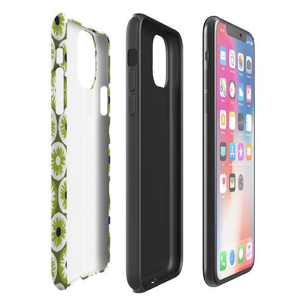 iPhone phone case-Penny Flowers Green By Ali Brookes-Product Details Raised bevel to protect screen from scratches. Impact resistant polycarbonate shell and shock absorbing inner TPU liner. Secure fit with design wrapping around side of the case and full access to ports. Compatible with Qi-standard wireless charging. Thickness 1/8 inch (3mm), weight 30g. Compatibility See drop down menu for options, please select the right case as we print to order.-Stringberry