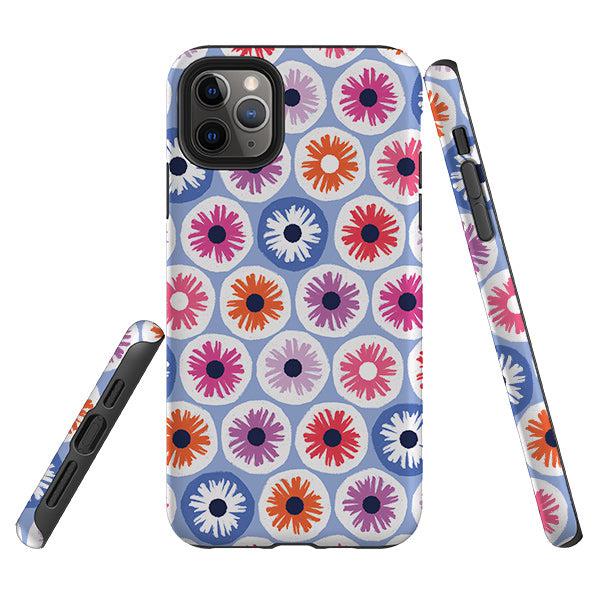 iPhone phone case-Penny Flowers Light Blue By Ali Brookes-Product Details Raised bevel to protect screen from scratches. Impact resistant polycarbonate shell and shock absorbing inner TPU liner. Secure fit with design wrapping around side of the case and full access to ports. Compatible with Qi-standard wireless charging. Thickness 1/8 inch (3mm), weight 30g. Compatibility See drop down menu for options, please select the right case as we print to order.-Stringberry