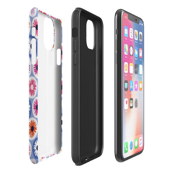 iPhone phone case-Penny Flowers Light Blue By Ali Brookes-Product Details Raised bevel to protect screen from scratches. Impact resistant polycarbonate shell and shock absorbing inner TPU liner. Secure fit with design wrapping around side of the case and full access to ports. Compatible with Qi-standard wireless charging. Thickness 1/8 inch (3mm), weight 30g. Compatibility See drop down menu for options, please select the right case as we print to order.-Stringberry