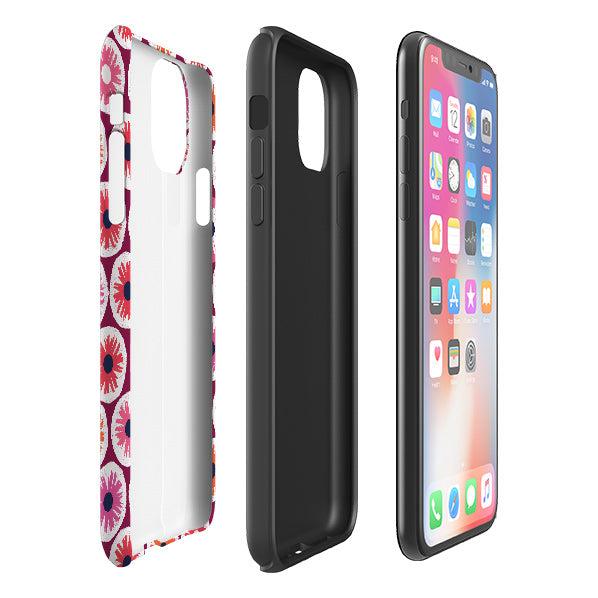 iPhone phone case-Penny Flowers Red By Ali Brookes-Product Details Raised bevel to protect screen from scratches. Impact resistant polycarbonate shell and shock absorbing inner TPU liner. Secure fit with design wrapping around side of the case and full access to ports. Compatible with Qi-standard wireless charging. Thickness 1/8 inch (3mm), weight 30g. Compatibility See drop down menu for options, please select the right case as we print to order.-Stringberry