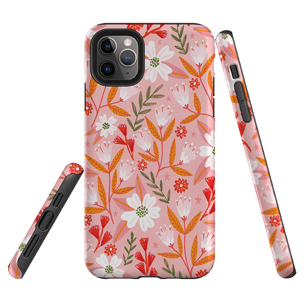 iPhone phone case-Pink And Orange Florals By Lee Foster Wilson-Product Details Raised bevel to protect screen from scratches. Impact resistant polycarbonate shell and shock absorbing inner TPU liner. Secure fit with design wrapping around side of the case and full access to ports. Compatible with Qi-standard wireless charging. Thickness 1/8 inch (3mm), weight 30g. Compatibility See drop down menu for options, please select the right case as we print to order.-Stringberry