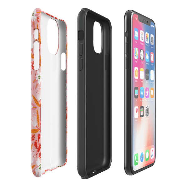 iPhone phone case-Pink And Orange Florals By Lee Foster Wilson-Product Details Raised bevel to protect screen from scratches. Impact resistant polycarbonate shell and shock absorbing inner TPU liner. Secure fit with design wrapping around side of the case and full access to ports. Compatible with Qi-standard wireless charging. Thickness 1/8 inch (3mm), weight 30g. Compatibility See drop down menu for options, please select the right case as we print to order.-Stringberry