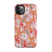 iPhone phone case-Pink And Orange Florals By Lee Foster Wilson-Product Details Raised bevel to protect screen from scratches. Impact resistant polycarbonate shell and shock absorbing inner TPU liner. Secure fit with design wrapping around side of the case and full access to ports. Compatible with Qi-standard wireless charging. Thickness 1/8 inch (3mm), weight 30g. Compatibility See drop down menu for options, please select the right case as we print to order.-Stringberry