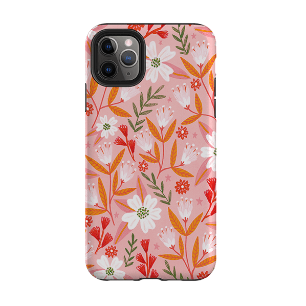 iPhone phone case-Pink And Orange Florals By Lee Foster Wilson-Product Details Raised bevel to protect screen from scratches. Impact resistant polycarbonate shell and shock absorbing inner TPU liner. Secure fit with design wrapping around side of the case and full access to ports. Compatible with Qi-standard wireless charging. Thickness 1/8 inch (3mm), weight 30g. Compatibility See drop down menu for options, please select the right case as we print to order.-Stringberry