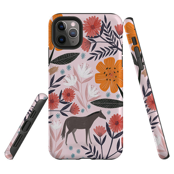 iPhone phone case-Pink Horse Floral By Lee Foster Wilson-Product Details Raised bevel to protect screen from scratches. Impact resistant polycarbonate shell and shock absorbing inner TPU liner. Secure fit with design wrapping around side of the case and full access to ports. Compatible with Qi-standard wireless charging. Thickness 1/8 inch (3mm), weight 30g. Compatibility See drop down menu for options, please select the right case as we print to order.-Stringberry