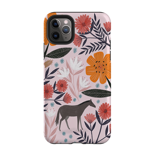 iPhone phone case-Pink Horse Floral By Lee Foster Wilson-Product Details Raised bevel to protect screen from scratches. Impact resistant polycarbonate shell and shock absorbing inner TPU liner. Secure fit with design wrapping around side of the case and full access to ports. Compatible with Qi-standard wireless charging. Thickness 1/8 inch (3mm), weight 30g. Compatibility See drop down menu for options, please select the right case as we print to order.-Stringberry