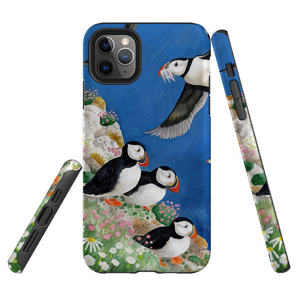 iPhone phone case-Puffins By Bex Parkin-Product Details Raised bevel to protect screen from scratches. Impact resistant polycarbonate shell and shock absorbing inner TPU liner. Secure fit with design wrapping around side of the case and full access to ports. Compatible with Qi-standard wireless charging. Thickness 1/8 inch (3mm), weight 30g. Compatibility See drop down menu for options, please select the right case as we print to order.-Stringberry