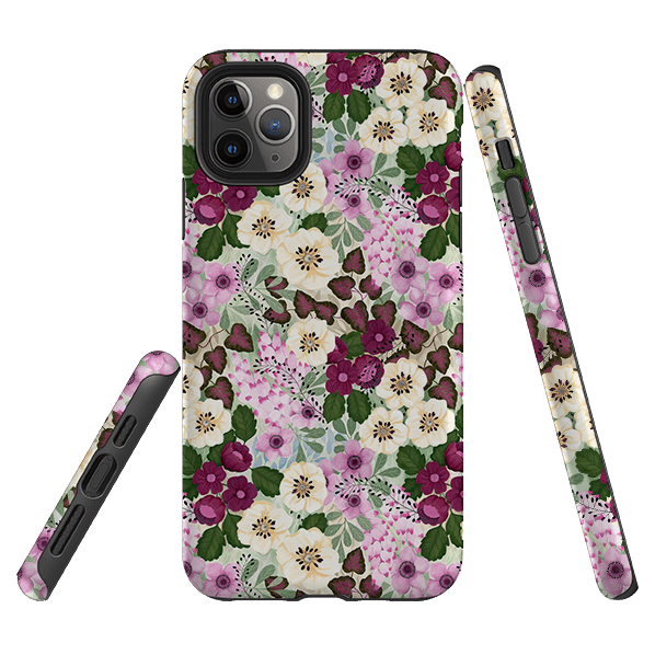 iPhone phone case-Purple Flowers By Bex Parkin-Product Details Raised bevel to protect screen from scratches. Impact resistant polycarbonate shell and shock absorbing inner TPU liner. Secure fit with design wrapping around side of the case and full access to ports. Compatible with Qi-standard wireless charging. Thickness 1/8 inch (3mm), weight 30g. Compatibility See drop down menu for options, please select the right case as we print to order.-Stringberry