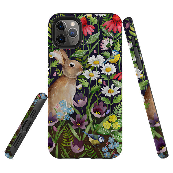 iPhone phone case-Rabbit And Wildflowers By Bex Parkin-Product Details Raised bevel to protect screen from scratches. Impact resistant polycarbonate shell and shock absorbing inner TPU liner. Secure fit with design wrapping around side of the case and full access to ports. Compatible with Qi-standard wireless charging. Thickness 1/8 inch (3mm), weight 30g. Compatibility See drop down menu for options, please select the right case as we print to order.-Stringberry