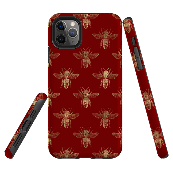 iPhone phone case-Red Bees-Product Details Raised bevel to protect screen from scratches. Impact resistant polycarbonate shell and shock absorbing inner TPU liner. Secure fit with design wrapping around side of the case and full access to ports. Compatible with Qi-standard wireless charging. Thickness 1/8 inch (3mm), weight 30g. Compatibility See drop down menu for options, please select the right case as we print to order.-Stringberry