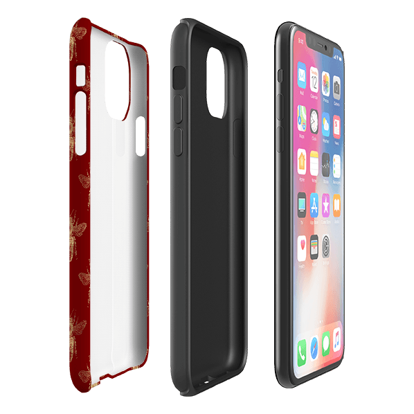 iPhone phone case-Red Bees-Product Details Raised bevel to protect screen from scratches. Impact resistant polycarbonate shell and shock absorbing inner TPU liner. Secure fit with design wrapping around side of the case and full access to ports. Compatible with Qi-standard wireless charging. Thickness 1/8 inch (3mm), weight 30g. Compatibility See drop down menu for options, please select the right case as we print to order.-Stringberry