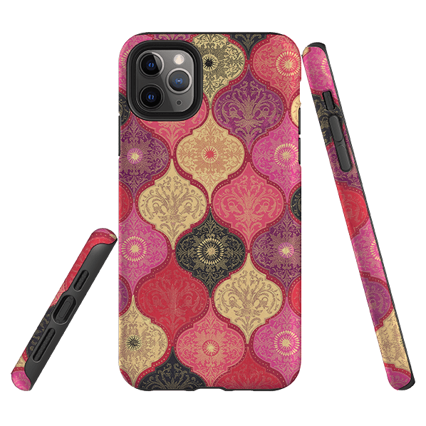 iPhone phone case-Red Damask By Jehane-Product Details Raised bevel to protect screen from scratches. Impact resistant polycarbonate shell and shock absorbing inner TPU liner. Secure fit with design wrapping around side of the case and full access to ports. Compatible with Qi-standard wireless charging. Thickness 1/8 inch (3mm), weight 30g. Compatibility See drop down menu for options, please select the right case as we print to order.-Stringberry