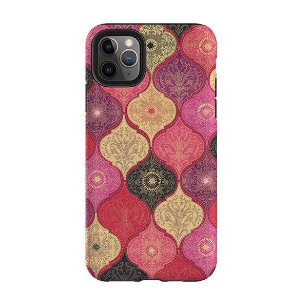 iPhone phone case-Red Damask By Jehane-Product Details Raised bevel to protect screen from scratches. Impact resistant polycarbonate shell and shock absorbing inner TPU liner. Secure fit with design wrapping around side of the case and full access to ports. Compatible with Qi-standard wireless charging. Thickness 1/8 inch (3mm), weight 30g. Compatibility See drop down menu for options, please select the right case as we print to order.-Stringberry
