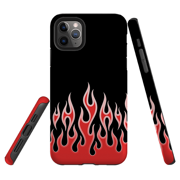 iPhone phone case-Red Flames-Product Details Raised bevel to protect screen from scratches. Impact resistant polycarbonate shell and shock absorbing inner TPU liner. Secure fit with design wrapping around side of the case and full access to ports. Compatible with Qi-standard wireless charging. Thickness 1/8 inch (3mm), weight 30g. Compatibility See drop down menu for options, please select the right case as we print to order.-Stringberry