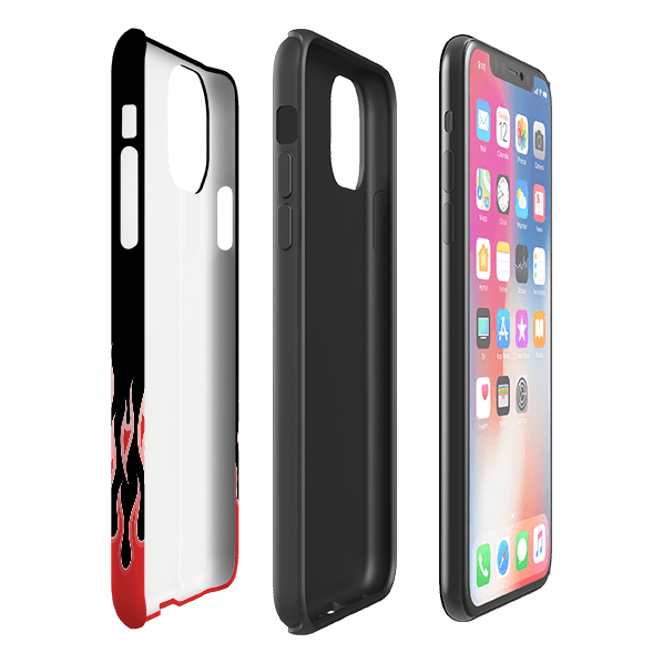 iPhone phone case-Red Flames-Product Details Raised bevel to protect screen from scratches. Impact resistant polycarbonate shell and shock absorbing inner TPU liner. Secure fit with design wrapping around side of the case and full access to ports. Compatible with Qi-standard wireless charging. Thickness 1/8 inch (3mm), weight 30g. Compatibility See drop down menu for options, please select the right case as we print to order.-Stringberry