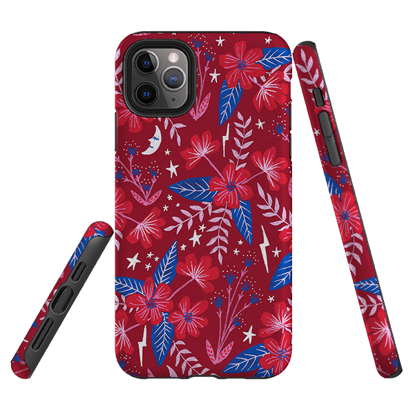 iPhone phone case-Red Moon Garden By Lee Foster Wilson-Product Details Raised bevel to protect screen from scratches. Impact resistant polycarbonate shell and shock absorbing inner TPU liner. Secure fit with design wrapping around side of the case and full access to ports. Compatible with Qi-standard wireless charging. Thickness 1/8 inch (3mm), weight 30g. Compatibility See drop down menu for options, please select the right case as we print to order.-Stringberry