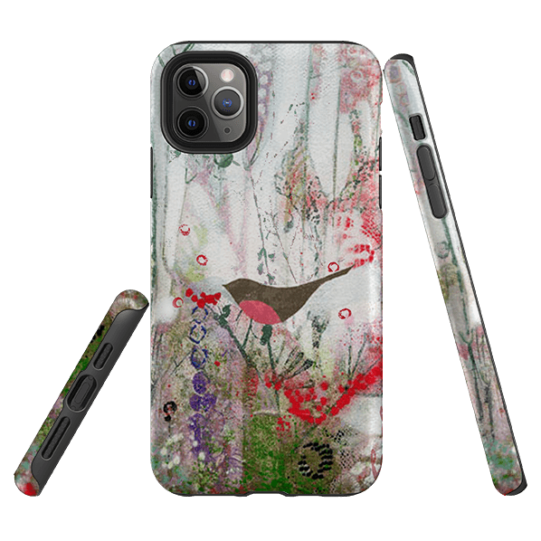 iPhone phone case-Robin And Berries By Tiffany Lynch-Product Details Raised bevel to protect screen from scratches. Impact resistant polycarbonate shell and shock absorbing inner TPU liner. Secure fit with design wrapping around side of the case and full access to ports. Compatible with Qi-standard wireless charging. Thickness 1/8 inch (3mm), weight 30g. Compatibility See drop down menu for options, please select the right case as we print to order.-Stringberry