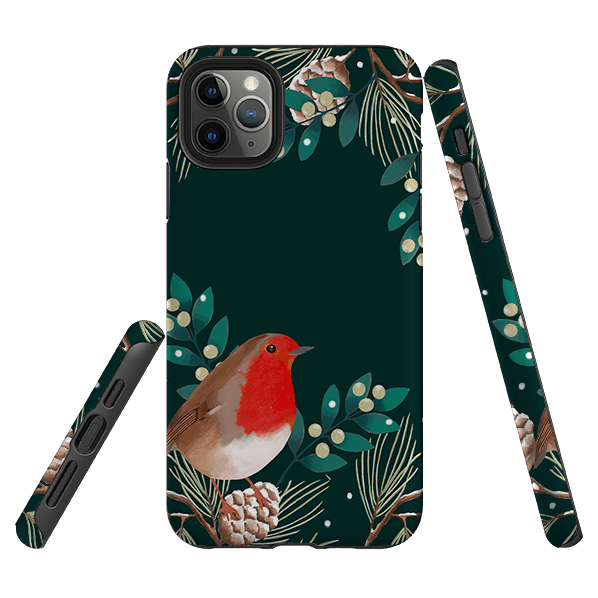 iPhone phone case-Robin Pine Cones By Bex Parkin-Product Details Raised bevel to protect screen from scratches. Impact resistant polycarbonate shell and shock absorbing inner TPU liner. Secure fit with design wrapping around side of the case and full access to ports. Compatible with Qi-standard wireless charging. Thickness 1/8 inch (3mm), weight 30g. Compatibility See drop down menu for options, please select the right case as we print to order.-Stringberry
