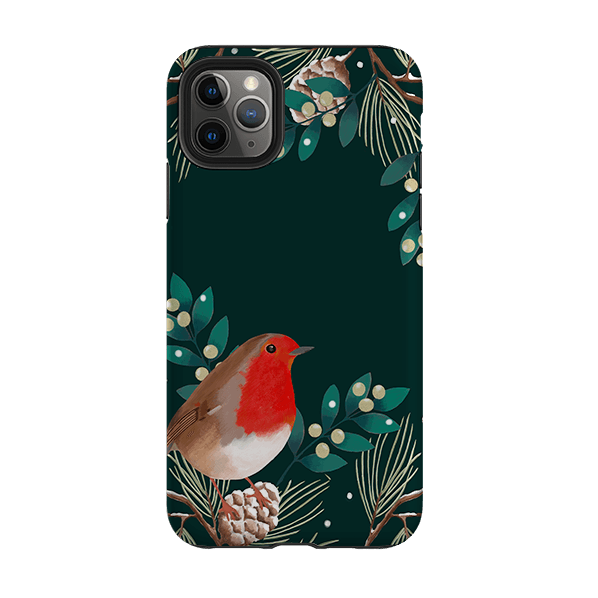 iPhone phone case-Robin Pine Cones By Bex Parkin-Product Details Raised bevel to protect screen from scratches. Impact resistant polycarbonate shell and shock absorbing inner TPU liner. Secure fit with design wrapping around side of the case and full access to ports. Compatible with Qi-standard wireless charging. Thickness 1/8 inch (3mm), weight 30g. Compatibility See drop down menu for options, please select the right case as we print to order.-Stringberry