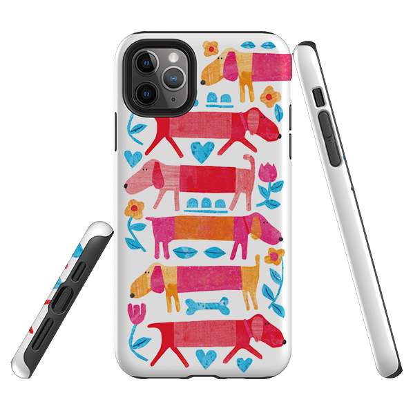 iPhone phone case-Sausage Dog By Tracey English-Product Details Raised bevel to protect screen from scratches. Impact resistant polycarbonate shell and shock absorbing inner TPU liner. Secure fit with design wrapping around side of the case and full access to ports. Compatible with Qi-standard wireless charging. Thickness 1/8 inch (3mm), weight 30g. Compatibility See drop down menu for options, please select the right case as we print to order.-Stringberry