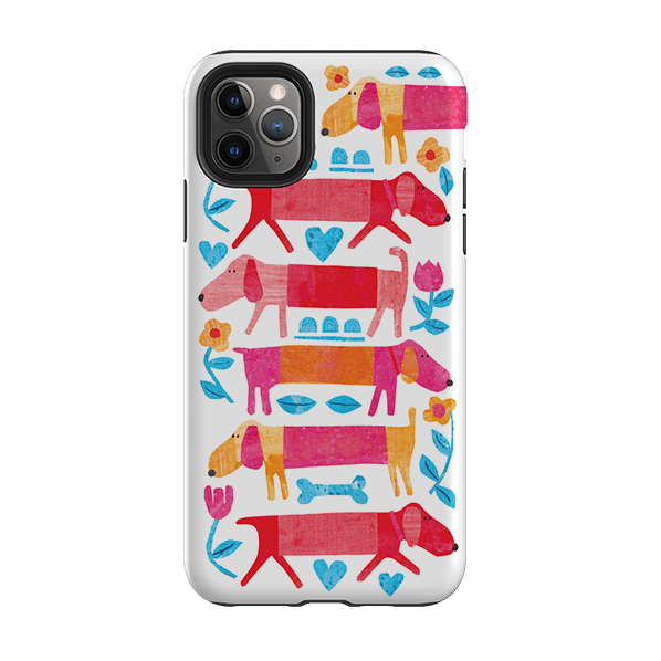 iPhone phone case-Sausage Dog By Tracey English-Product Details Raised bevel to protect screen from scratches. Impact resistant polycarbonate shell and shock absorbing inner TPU liner. Secure fit with design wrapping around side of the case and full access to ports. Compatible with Qi-standard wireless charging. Thickness 1/8 inch (3mm), weight 30g. Compatibility See drop down menu for options, please select the right case as we print to order.-Stringberry