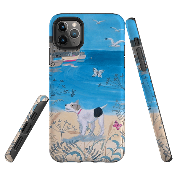 iPhone phone case-Seaside Dog By Mary Stubberfield-Product Details Raised bevel to protect screen from scratches. Impact resistant polycarbonate shell and shock absorbing inner TPU liner. Secure fit with design wrapping around side of the case and full access to ports. Compatible with Qi-standard wireless charging. Thickness 1/8 inch (3mm), weight 30g. Compatibility See drop down menu for options, please select the right case as we print to order.-Stringberry