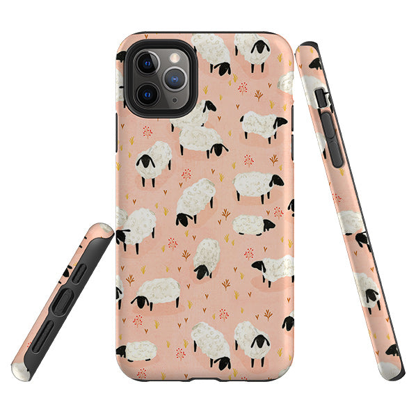 iPhone phone case-Sheep Pink By Katherine Quinn-Product Details Raised bevel to protect screen from scratches. Impact resistant polycarbonate shell and shock absorbing inner TPU liner. Secure fit with design wrapping around side of the case and full access to ports. Compatible with Qi-standard wireless charging. Thickness 1/8 inch (3mm), weight 30g. Compatibility See drop down menu for options, please select the right case as we print to order.-Stringberry