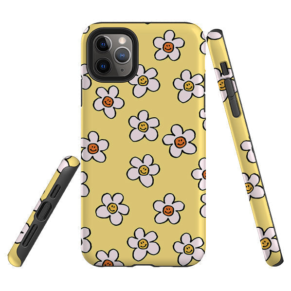 iPhone phone case-Smiley Mellow Yellow-Product Details Raised bevel to protect screen from scratches. Impact resistant polycarbonate shell and shock absorbing inner TPU liner. Secure fit with design wrapping around side of the case and full access to ports. Compatible with Qi-standard wireless charging. Thickness 1/8 inch (3mm), weight 30g. Compatibility See drop down menu for options, please select the right case as we print to order.-Stringberry