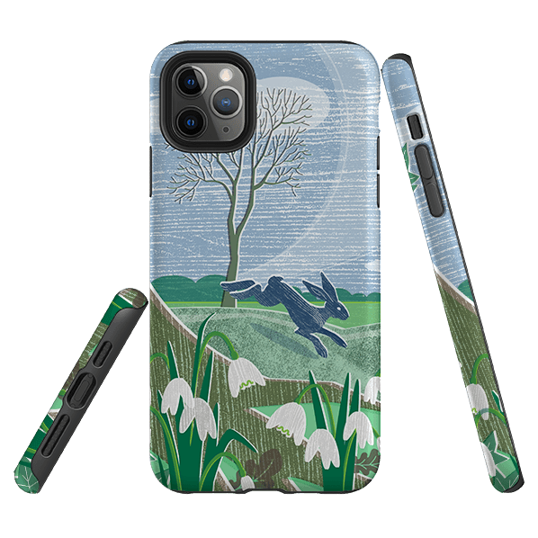 iPhone phone case-Snowdrops And Hare By Liane Payne-Product Details Raised bevel to protect screen from scratches. Impact resistant polycarbonate shell and shock absorbing inner TPU liner. Secure fit with design wrapping around side of the case and full access to ports. Compatible with Qi-standard wireless charging. Thickness 1/8 inch (3mm), weight 30g. Compatibility See drop down menu for options, please select the right case as we print to order.-Stringberry