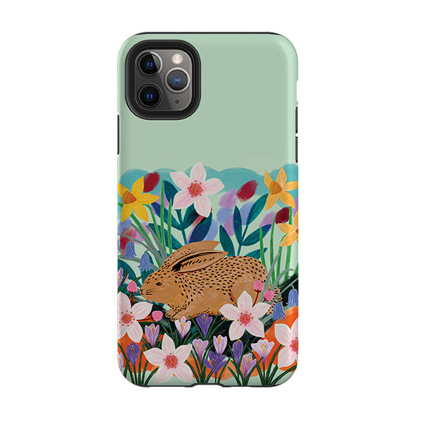 iPhone phone case-Spring Bunny By Lee Foster Wilson-Product Details Raised bevel to protect screen from scratches. Impact resistant polycarbonate shell and shock absorbing inner TPU liner. Secure fit with design wrapping around side of the case and full access to ports. Compatible with Qi-standard wireless charging. Thickness 1/8 inch (3mm), weight 30g. Compatibility See drop down menu for options, please select the right case as we print to order.-Stringberry