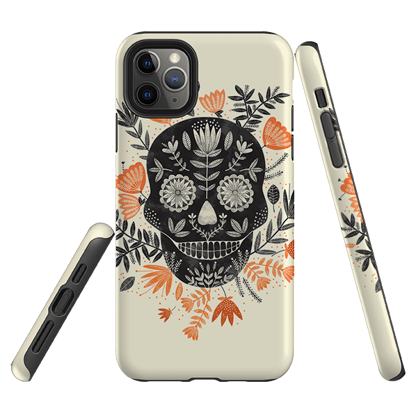iPhone phone case-Sugarskull Cream By Jade Mosinski-Product Details Raised bevel to protect screen from scratches. Impact resistant polycarbonate shell and shock absorbing inner TPU liner. Secure fit with design wrapping around side of the case and full access to ports. Compatible with Qi-standard wireless charging. Thickness 1/8 inch (3mm), weight 30g. Compatibility See drop down menu for options, please select the right case as we print to order.-Stringberry