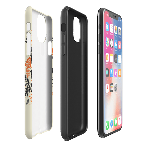 iPhone phone case-Sugarskull Cream By Jade Mosinski-Product Details Raised bevel to protect screen from scratches. Impact resistant polycarbonate shell and shock absorbing inner TPU liner. Secure fit with design wrapping around side of the case and full access to ports. Compatible with Qi-standard wireless charging. Thickness 1/8 inch (3mm), weight 30g. Compatibility See drop down menu for options, please select the right case as we print to order.-Stringberry