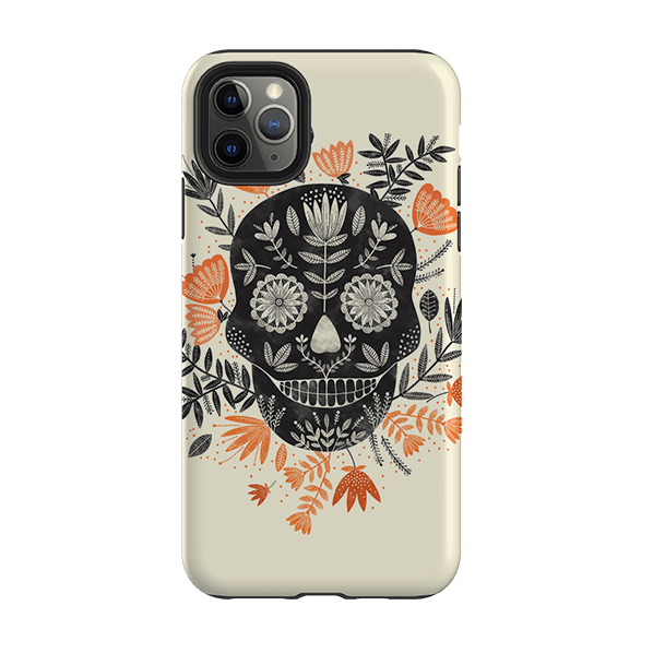 iPhone phone case-Sugarskull Cream By Jade Mosinski-Product Details Raised bevel to protect screen from scratches. Impact resistant polycarbonate shell and shock absorbing inner TPU liner. Secure fit with design wrapping around side of the case and full access to ports. Compatible with Qi-standard wireless charging. Thickness 1/8 inch (3mm), weight 30g. Compatibility See drop down menu for options, please select the right case as we print to order.-Stringberry