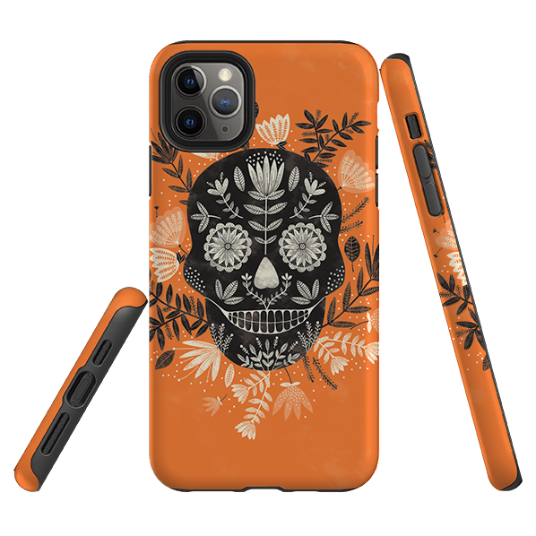iPhone phone case-Sugarskull Orange By Jade Mosinski-Product Details Raised bevel to protect screen from scratches. Impact resistant polycarbonate shell and shock absorbing inner TPU liner. Secure fit with design wrapping around side of the case and full access to ports. Compatible with Qi-standard wireless charging. Thickness 1/8 inch (3mm), weight 30g. Compatibility See drop down menu for options, please select the right case as we print to order.-Stringberry