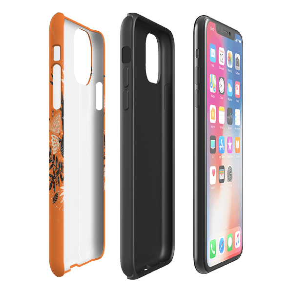 iPhone phone case-Sugarskull Orange By Jade Mosinski-Product Details Raised bevel to protect screen from scratches. Impact resistant polycarbonate shell and shock absorbing inner TPU liner. Secure fit with design wrapping around side of the case and full access to ports. Compatible with Qi-standard wireless charging. Thickness 1/8 inch (3mm), weight 30g. Compatibility See drop down menu for options, please select the right case as we print to order.-Stringberry