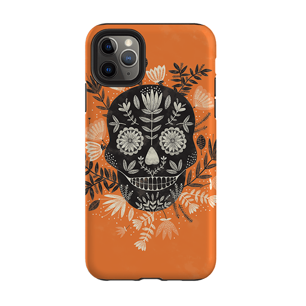 iPhone phone case-Sugarskull Orange By Jade Mosinski-Product Details Raised bevel to protect screen from scratches. Impact resistant polycarbonate shell and shock absorbing inner TPU liner. Secure fit with design wrapping around side of the case and full access to ports. Compatible with Qi-standard wireless charging. Thickness 1/8 inch (3mm), weight 30g. Compatibility See drop down menu for options, please select the right case as we print to order.-Stringberry