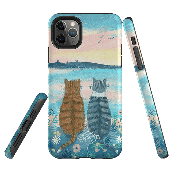iPhone phone case-Sunset Cats 2 By Mary Stubberfield-Product Details Raised bevel to protect screen from scratches. Impact resistant polycarbonate shell and shock absorbing inner TPU liner. Secure fit with design wrapping around side of the case and full access to ports. Compatible with Qi-standard wireless charging. Thickness 1/8 inch (3mm), weight 30g. Compatibility See drop down menu for options, please select the right case as we print to order.-Stringberry