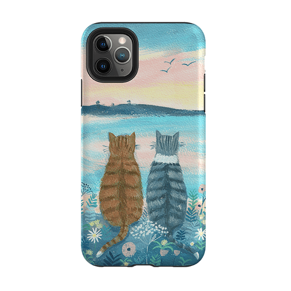 iPhone phone case-Sunset Cats 2 By Mary Stubberfield-Product Details Raised bevel to protect screen from scratches. Impact resistant polycarbonate shell and shock absorbing inner TPU liner. Secure fit with design wrapping around side of the case and full access to ports. Compatible with Qi-standard wireless charging. Thickness 1/8 inch (3mm), weight 30g. Compatibility See drop down menu for options, please select the right case as we print to order.-Stringberry